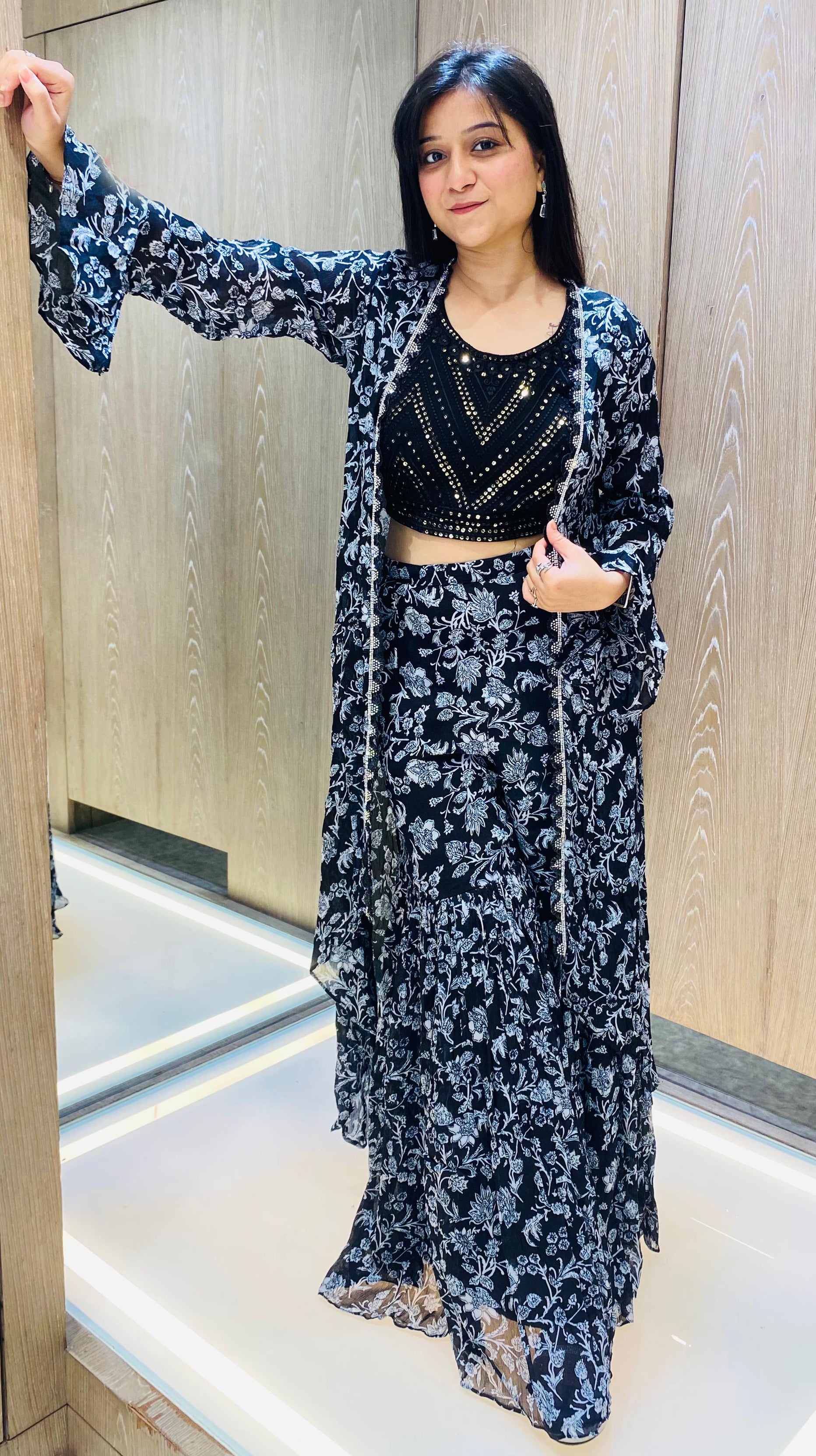 Black Color Chinnon Georgette Printed Palazzo With Shrug
